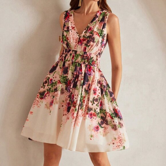 Multicolor Boho Women's Summer Waist-Defining Printed Floral Mini Dress - Picture 1 of 12